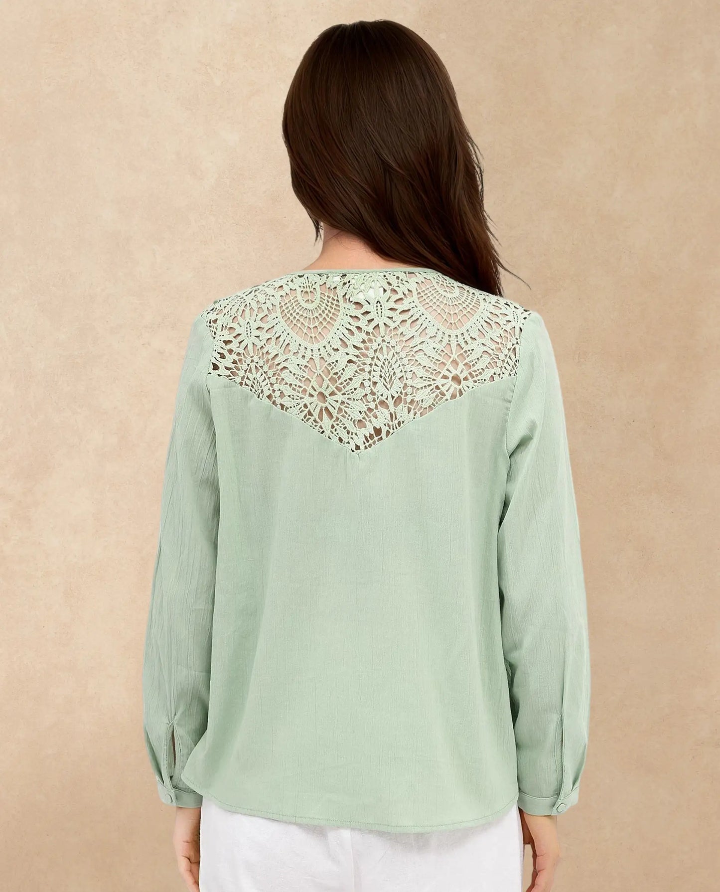 Rareism Women Sonoki Dusky Green Cotton Button Closure Full Sleeve V-Neck Relaxed Fit Plain Top
