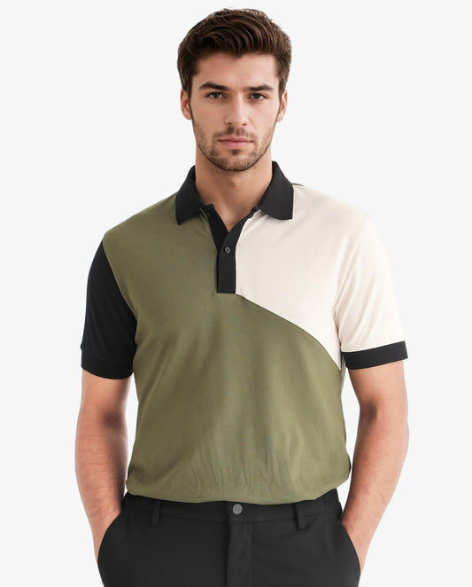 Rare Rabbit Men's Tachou Light Olive Cotton Fabric Collared Neck Half Sleeves Dual Tone Polo T-Shirt