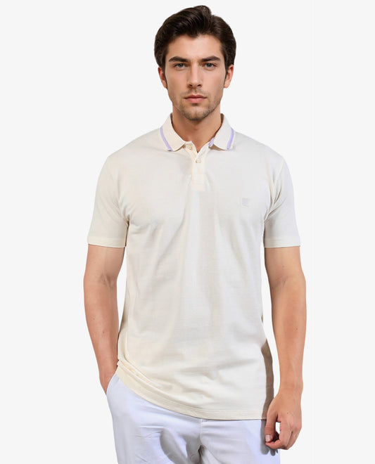 Rare Rabbit Men's Taper Off White Cotton Fabric Collared Neck Half Sleeves Textured Polo T-Shirt